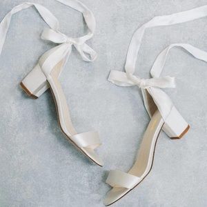 White Satin Bow Low Block Heels